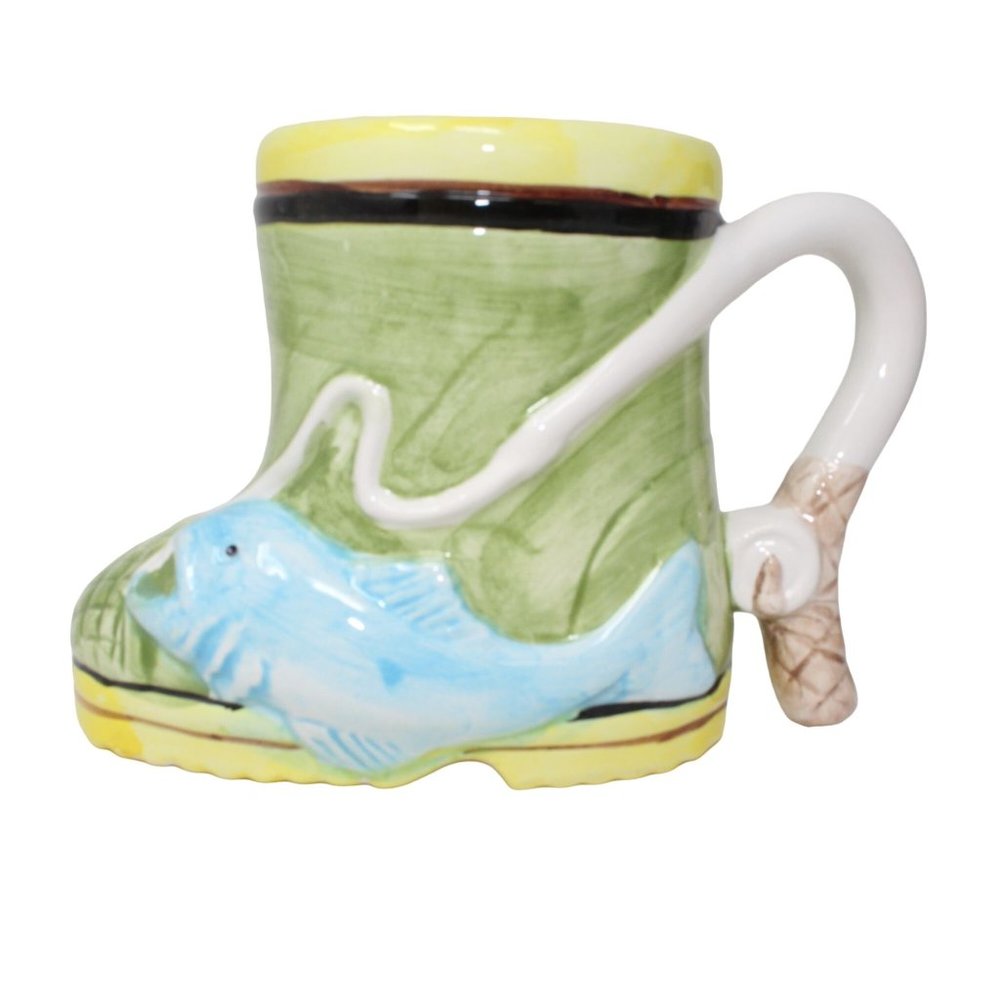 Vintage 1992 Fisherman Boot Coffee Mug Fishing Pole Handle E&B Giftware Company
